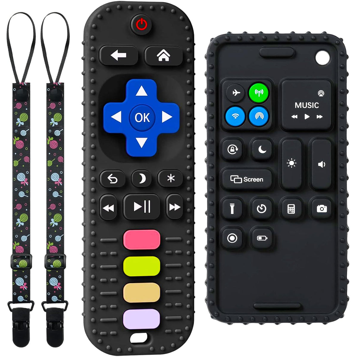 TIEDXIOY silicone remote teether showcasing safe materials for soothing gums