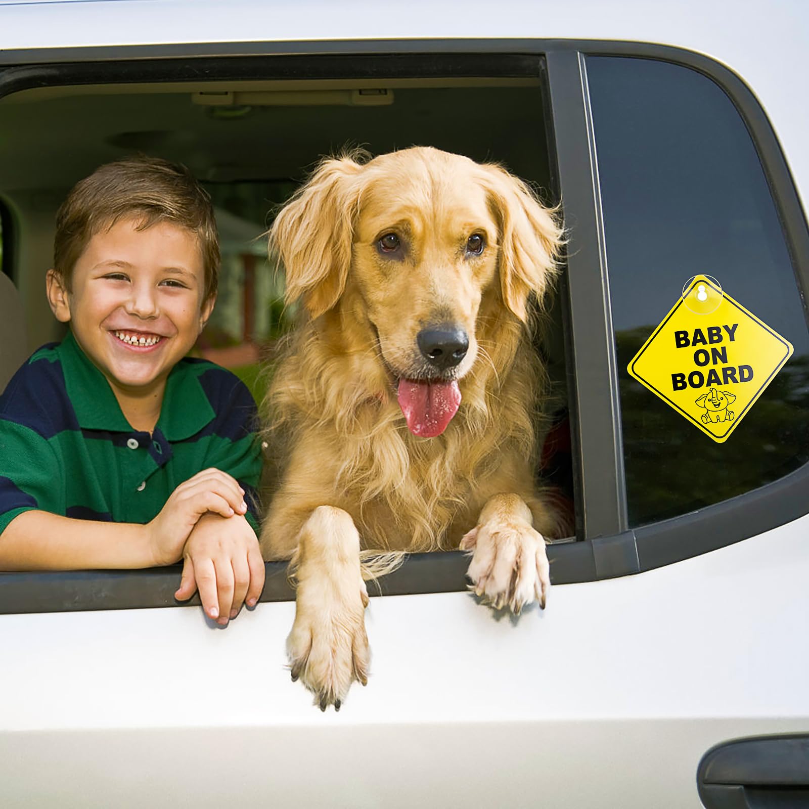TIESOME yellow baby on board sign front view shows vivid animal art for daytime safety.