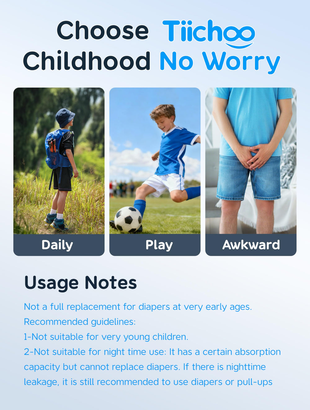 TIICHOO leak-proof underwear supports school, play, and travel.