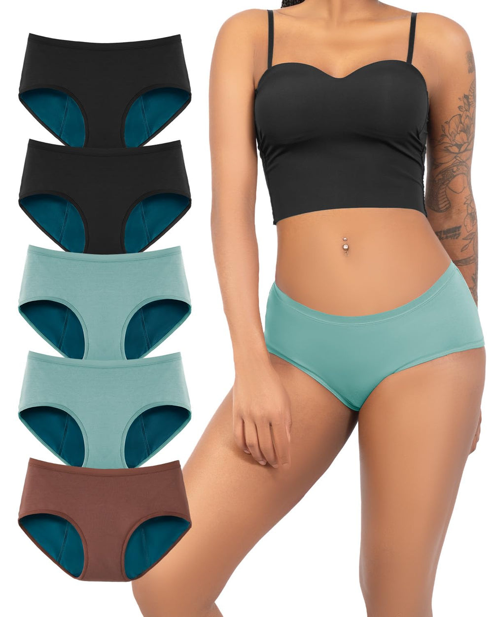 TIICHOO period underwear pack shot shows the 5-pack in black, turquoise, and brown for versatile protection