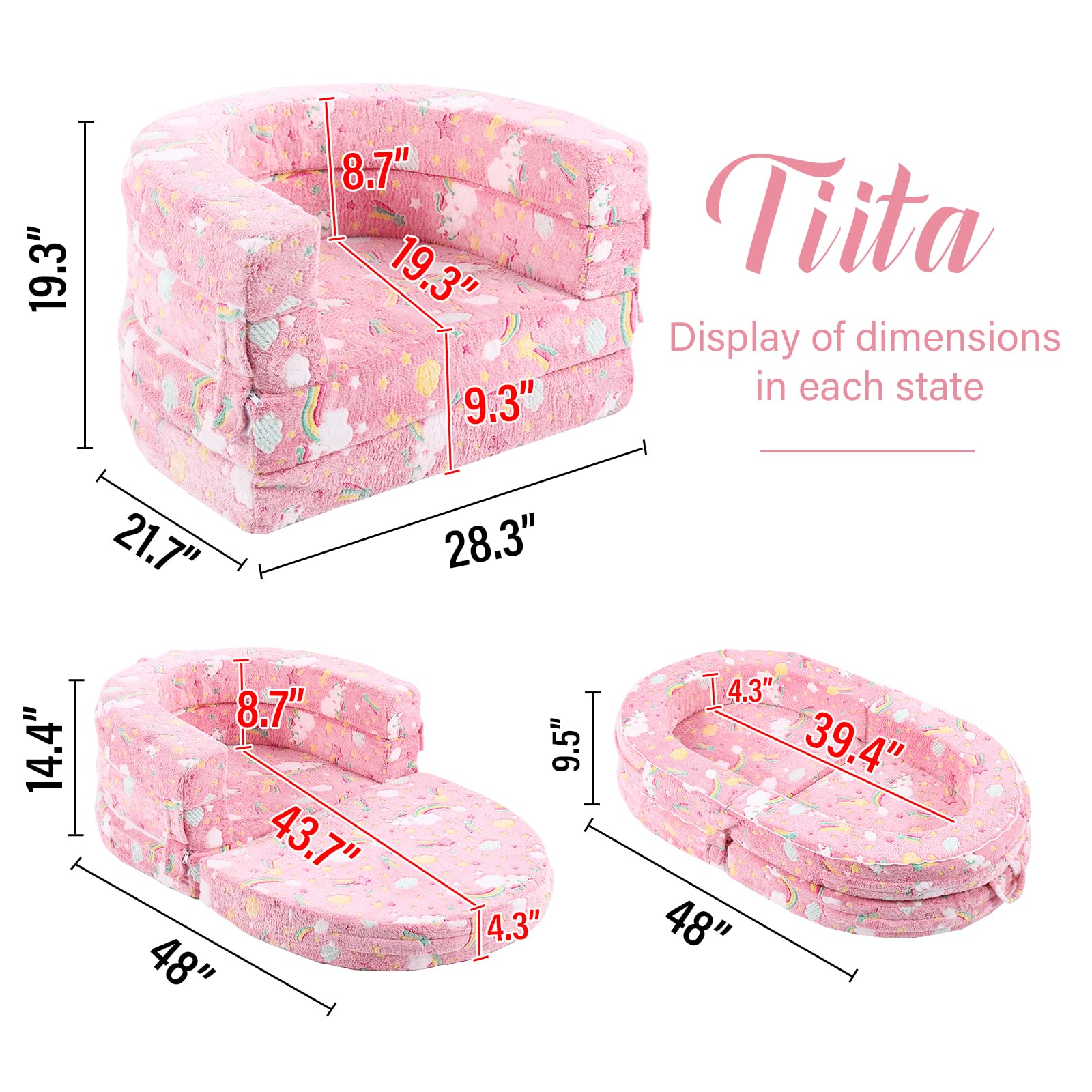 Tiita 3-in-1 kids sofa bed close-up shows plush fabric for comfy lounging.