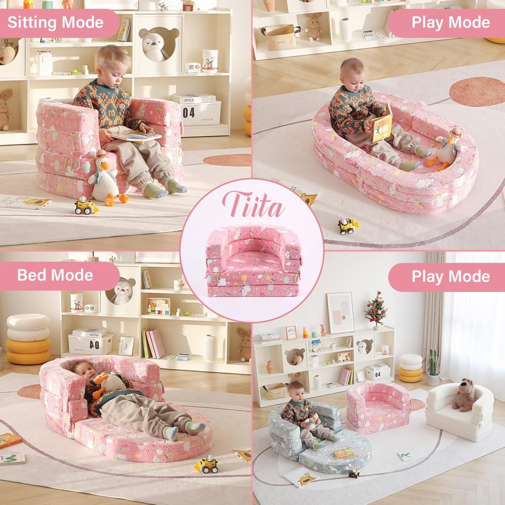 Tiita 3-in-1 kids sofa bed displayed as a comfy seat and bed.