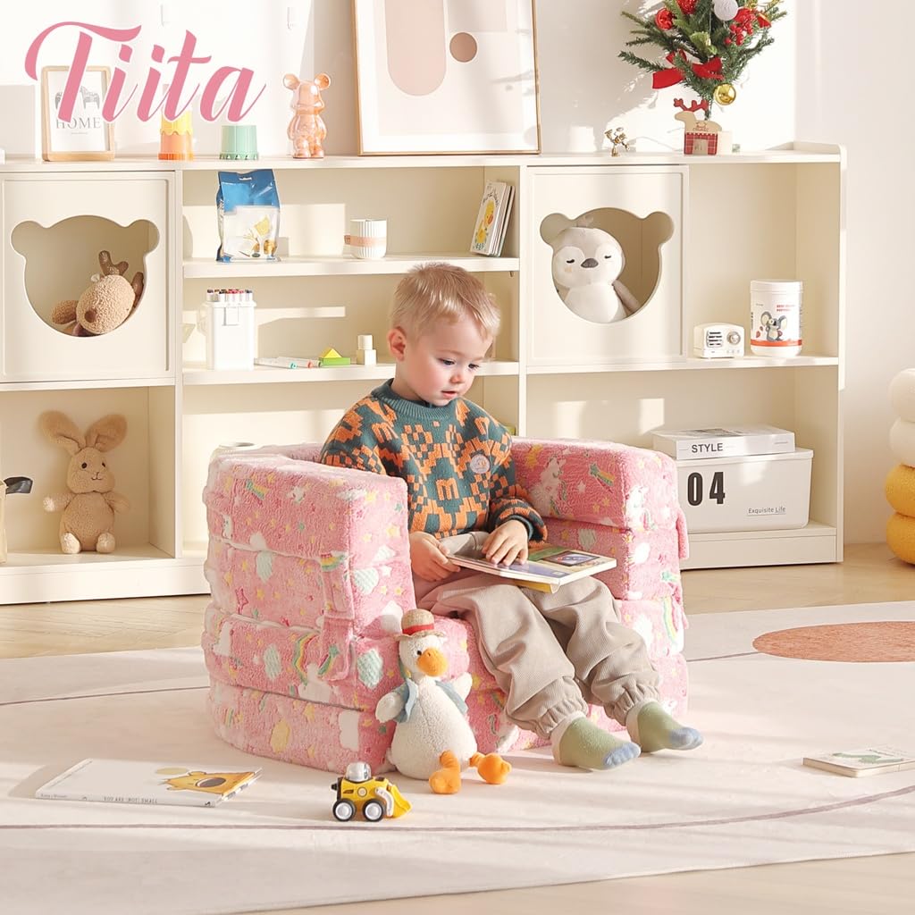 Tiita 3-in-1 kids sofa bed in travel setup during family trips.