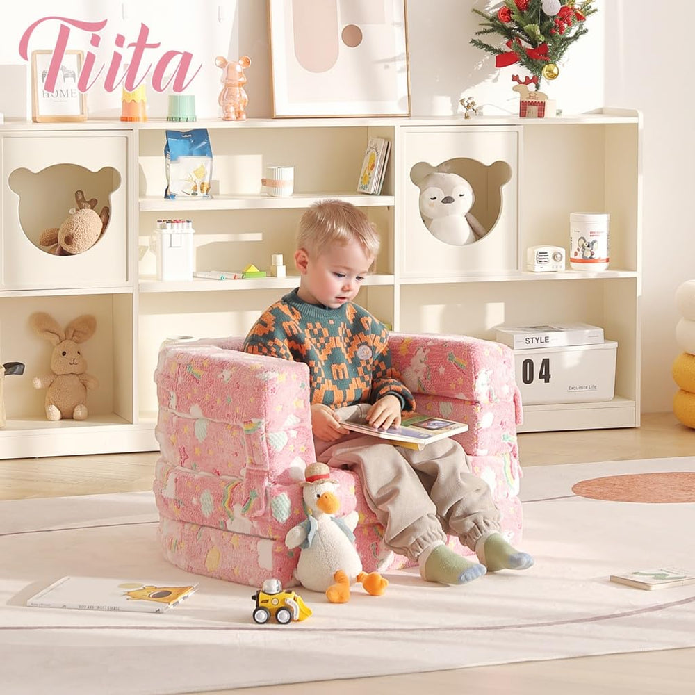 Tiita 3-in-1 kids sofa bed in travel setup during family trips.