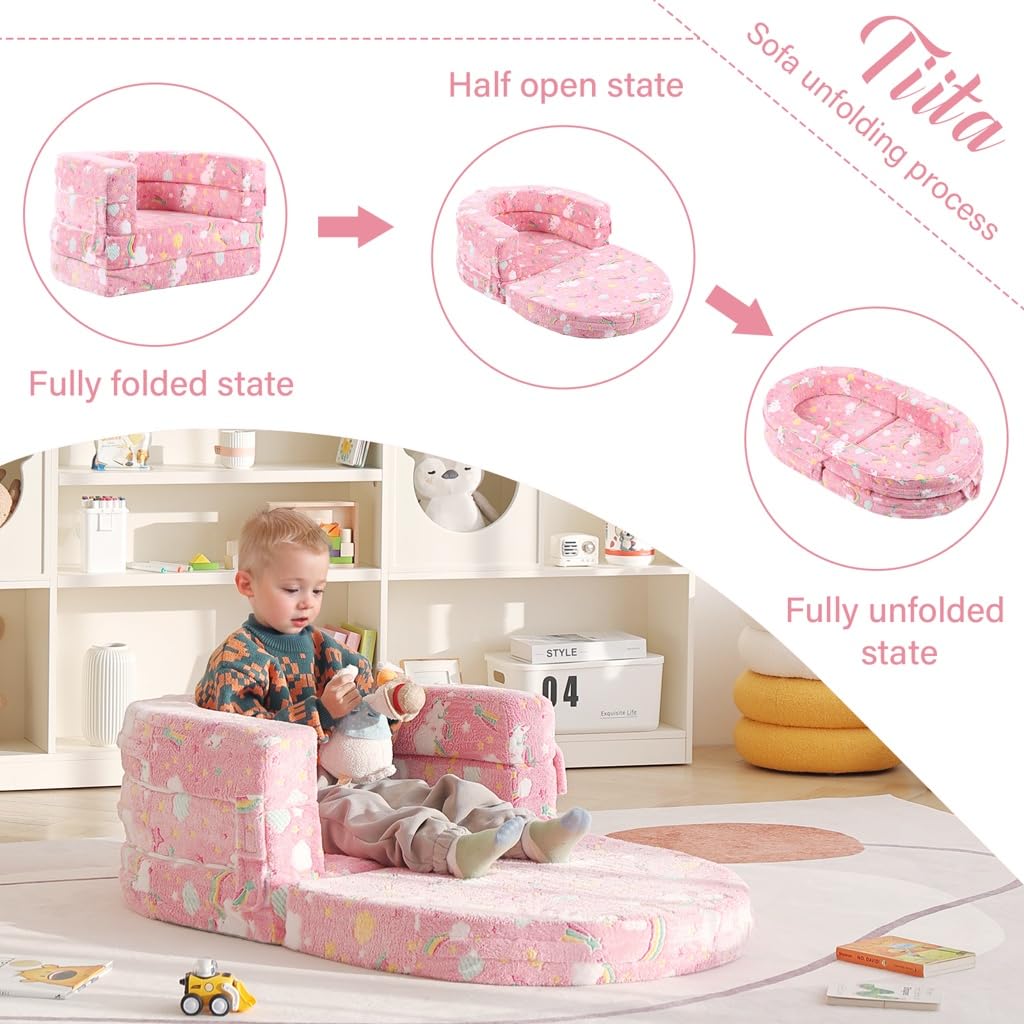 Tiita 3-in-1 kids sofa bed vacuum-sealed packaging awaiting quick setup.