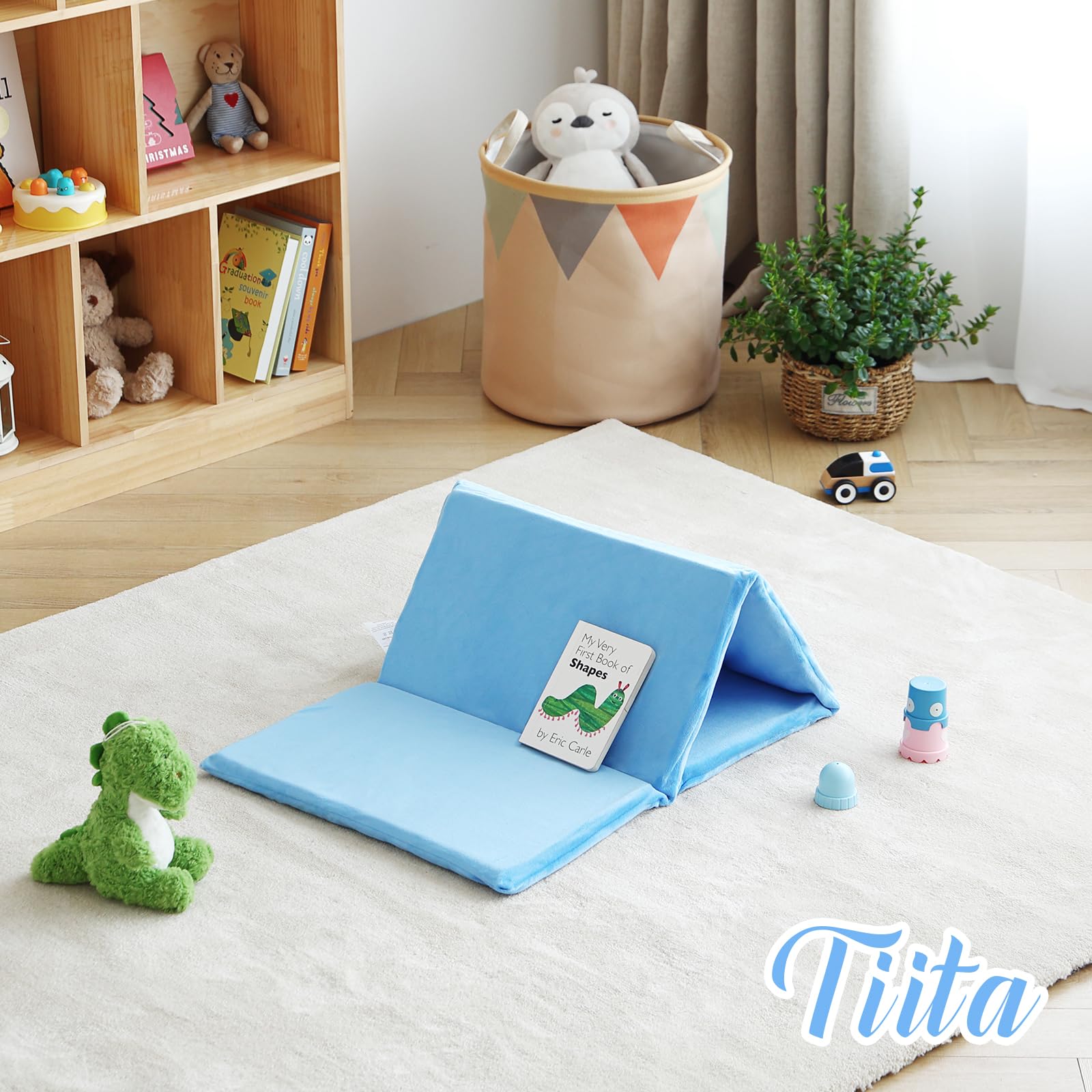 Tiita Kids Nap Mat blue demonstrating versatile uses for nap and play