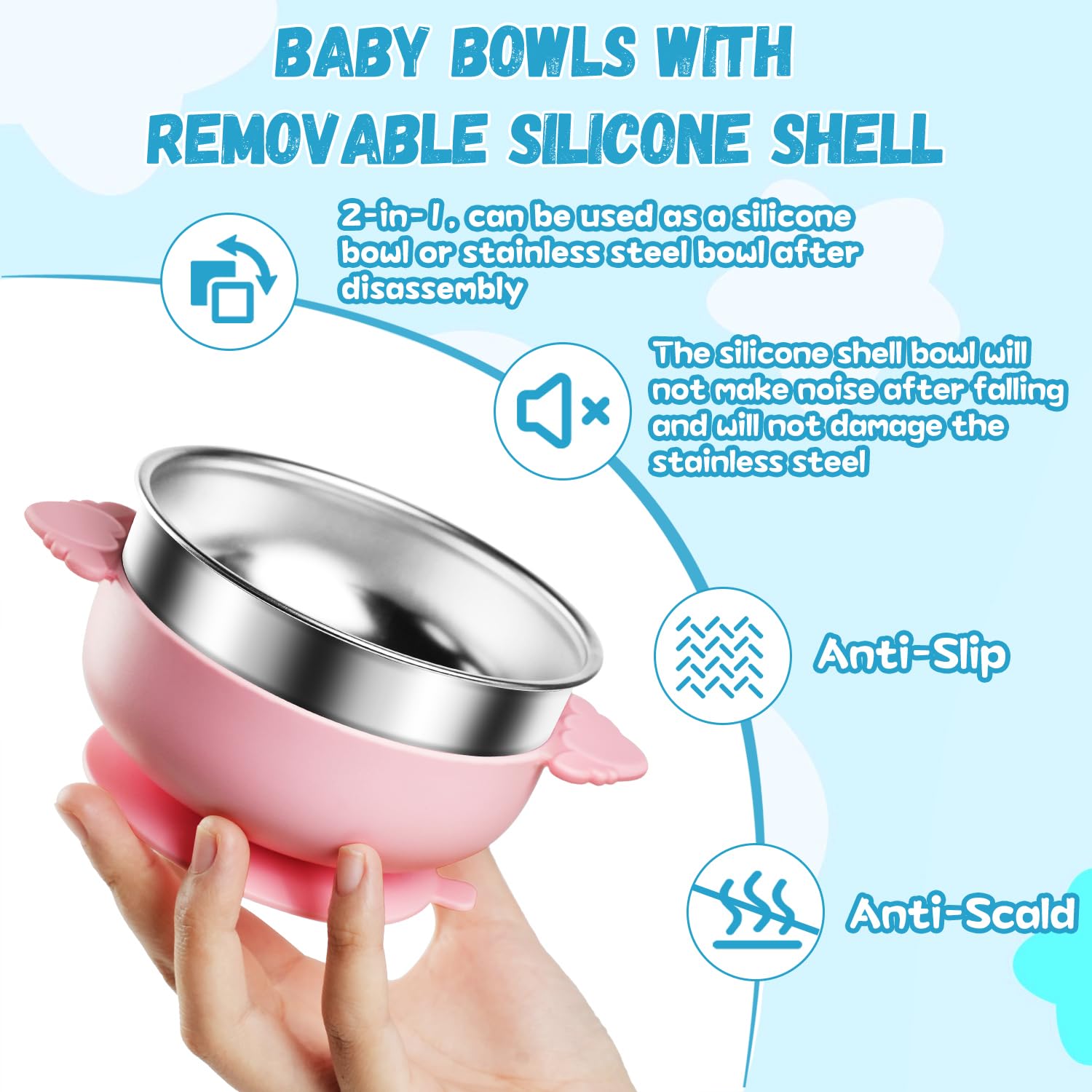 Tikmos bowls show durable stainless steel and BPA-free sleeve for safe feeding