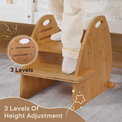 TIKSPCAE adjustable platform front view illustrates triple-height design for growing kids to reach sinks safely.