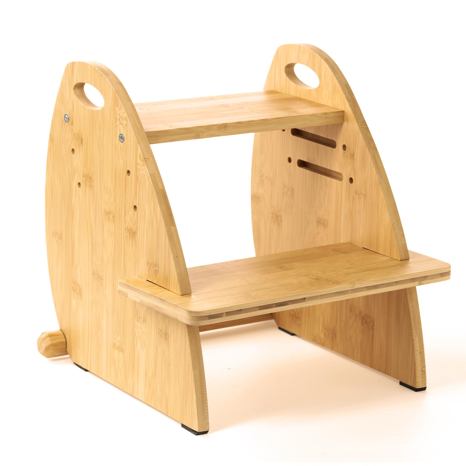 TIKSPCAE wooden two-step stool side view highlights bamboo construction for stability.