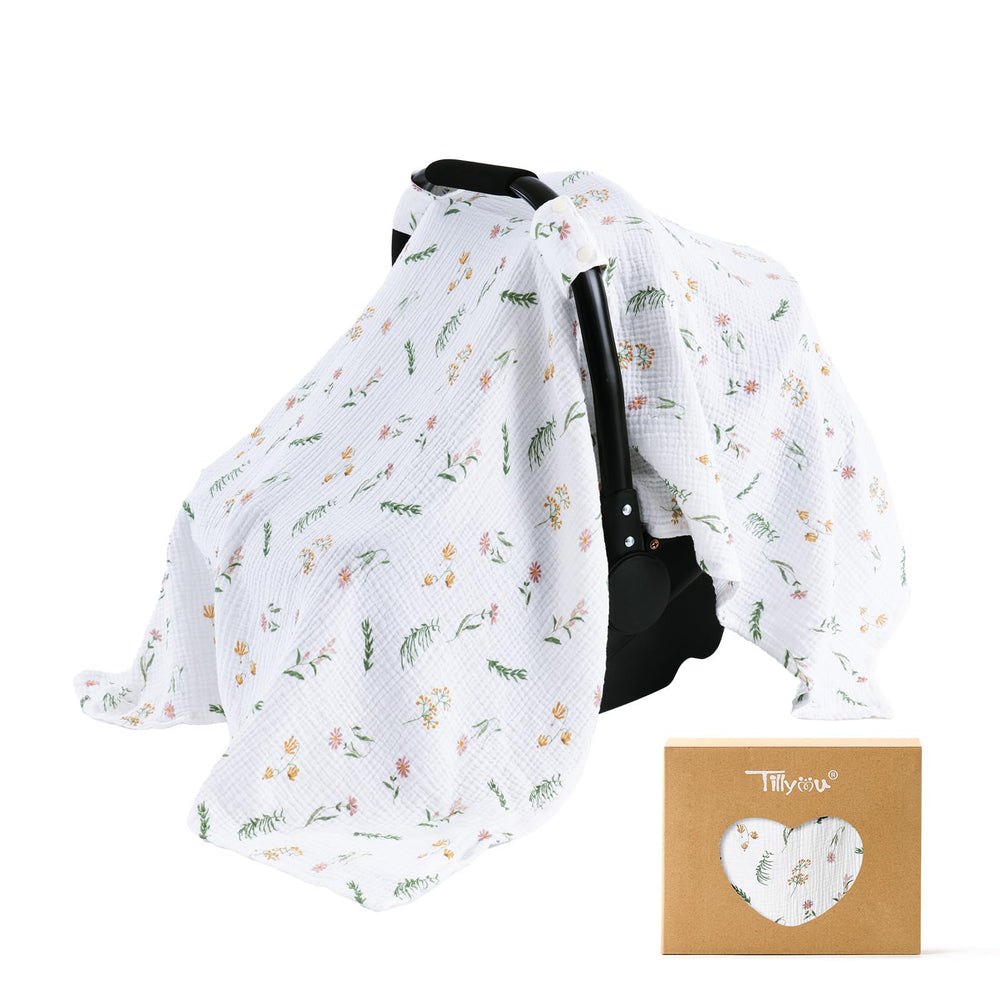 TILLYOU baby car seat cover Daisy offering breathable privacy and protection.
