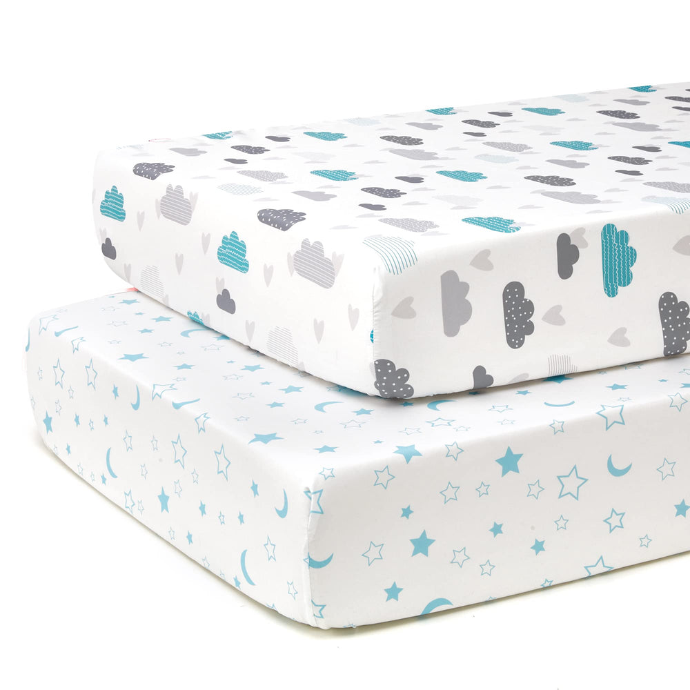 TILLYOU baby crib sheets in blue clouds and stars, front view, cozy nursery pattern
