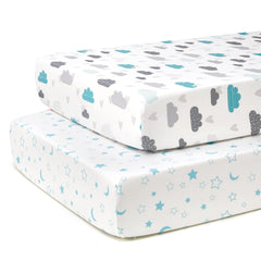 TILLYOU baby crib sheets in blue clouds and stars, front view, cozy nursery pattern