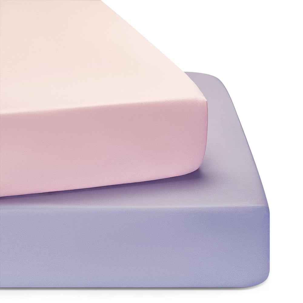 TILLYOU baby crib sheet light purple closeup shows soft, breathable fabric for cozy naps