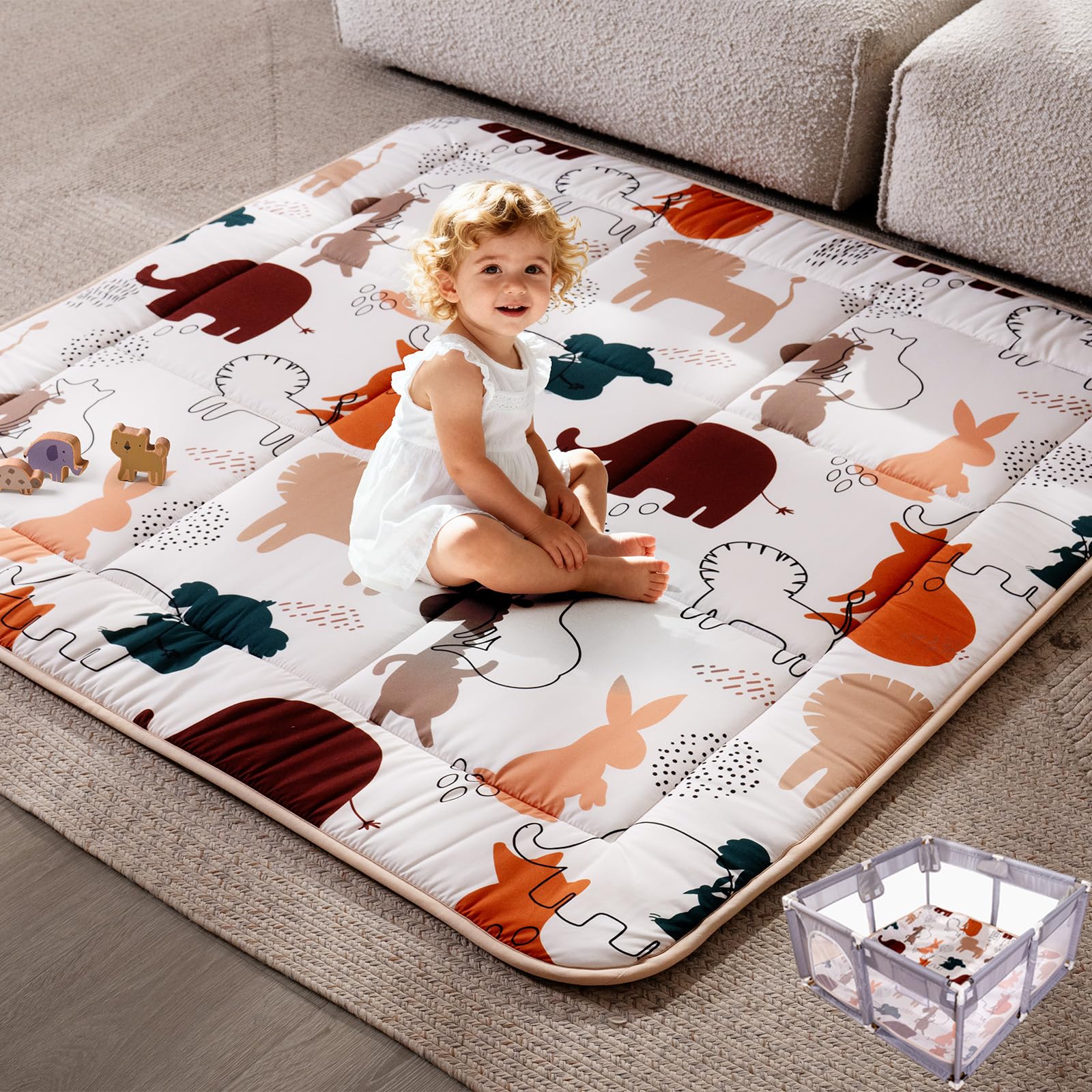 TILLYOU baby play mat with forest animals design for cozy floor play