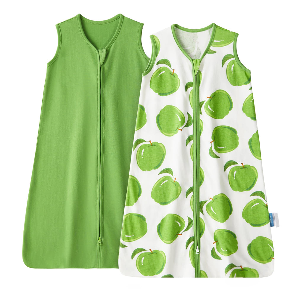 TILLYOU sleep sack 6-12m green apple front view, breathable cotton.