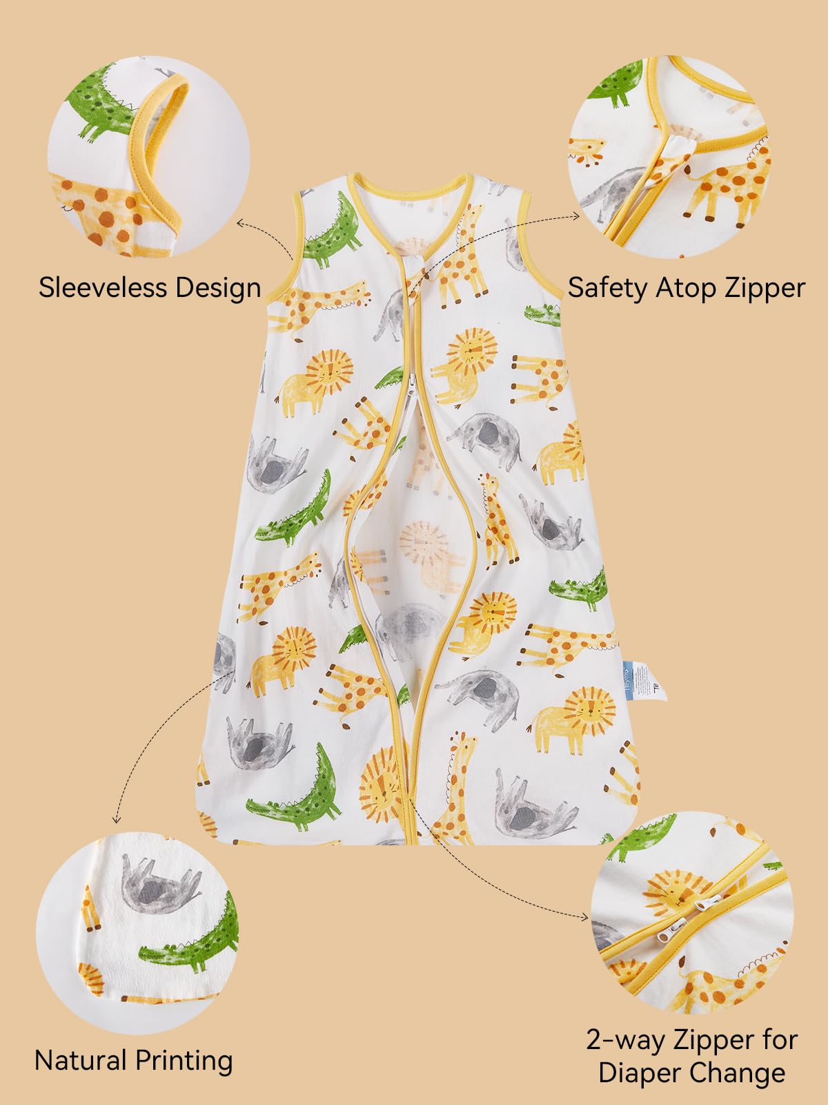TILLYOU animal-pattern sleep sack for playful bedtimes.