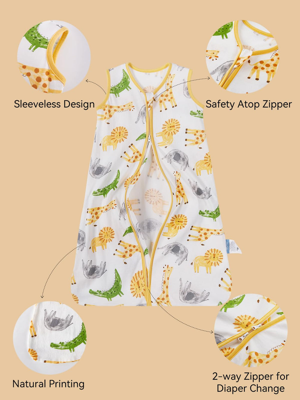 TILLYOU animal-pattern sleep sack for playful bedtimes.