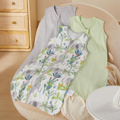 TILLYOU elephant sleep sack close-up shows 100% cotton fabric for skin-friendly comfort