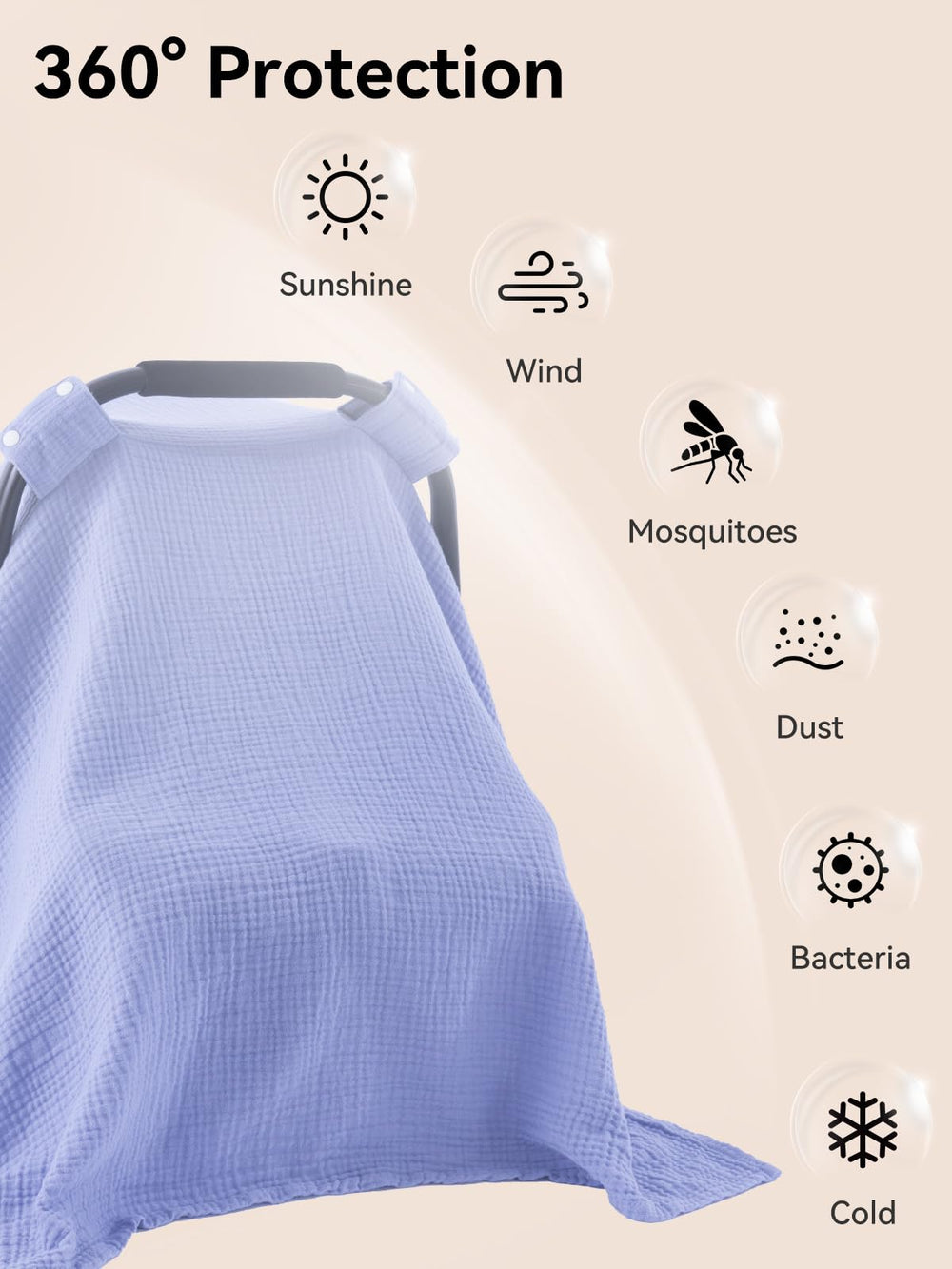TILLYOU blue car seat cover with secure snaps stays in place while traveling.