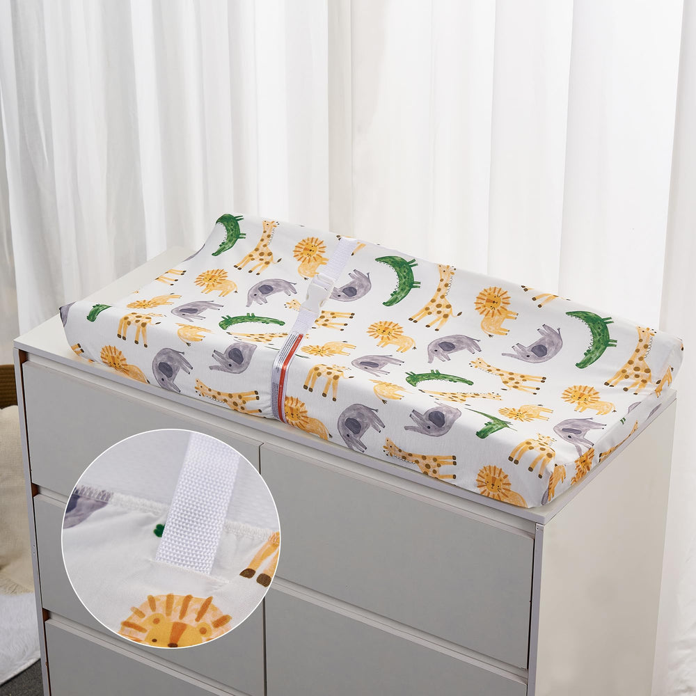 TILLYOU changing pad cover with elastic bottom and buckle holes keeps the pad secure.