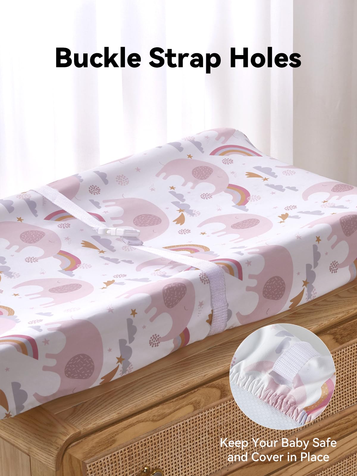 TILLYOU changing pad cover features elastic bottom and secure strap openings.