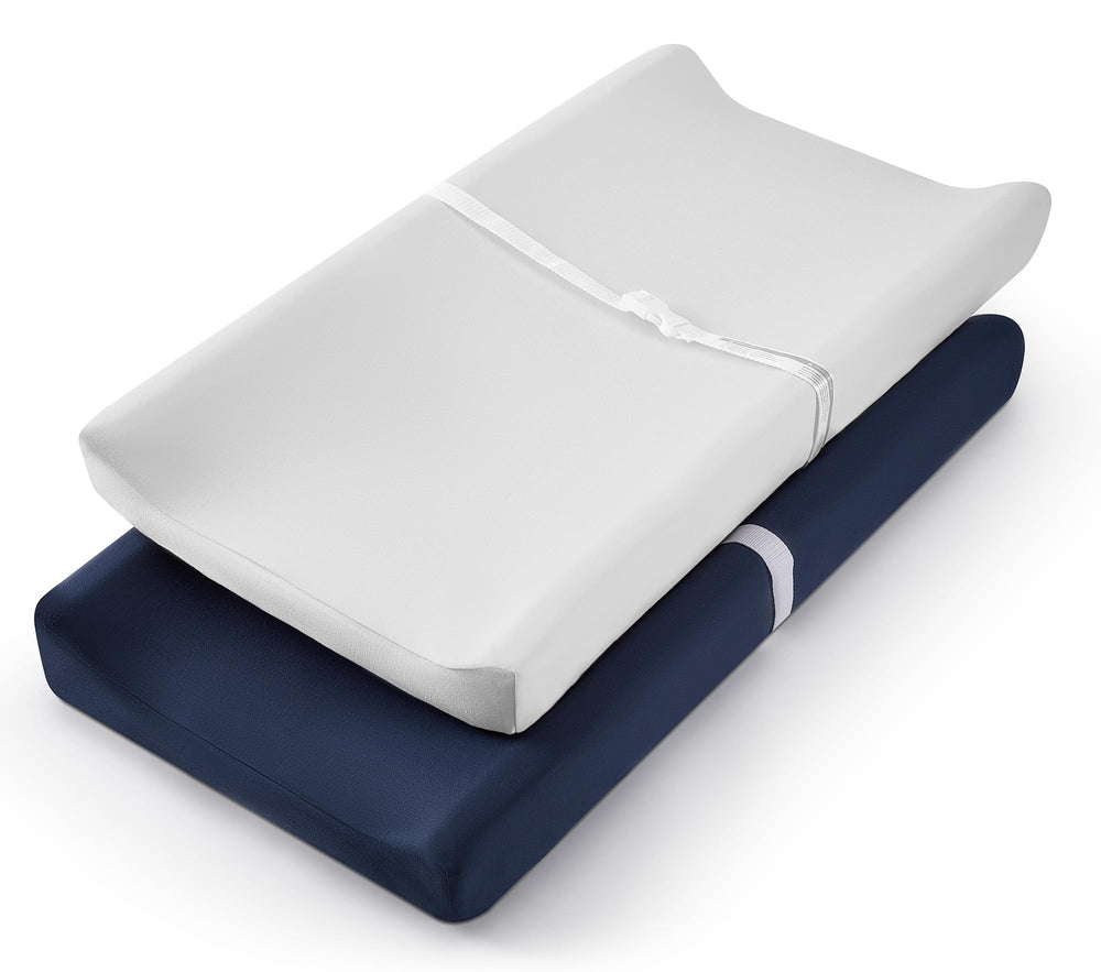 TILLYOU navy blue changing pad cover with secure fit for 32x16 contoured pads.