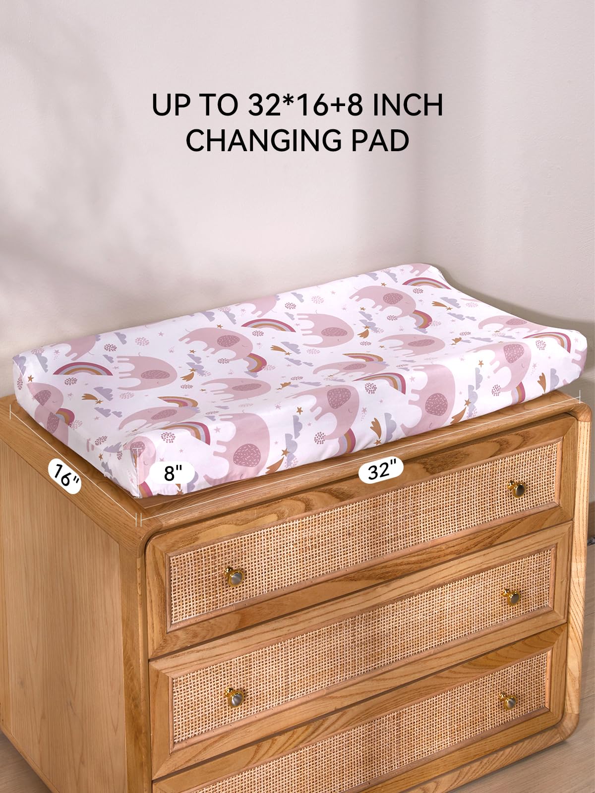 TILLYOU changing pad cover with rainbow elephant pattern adds cheerful nursery decor.
