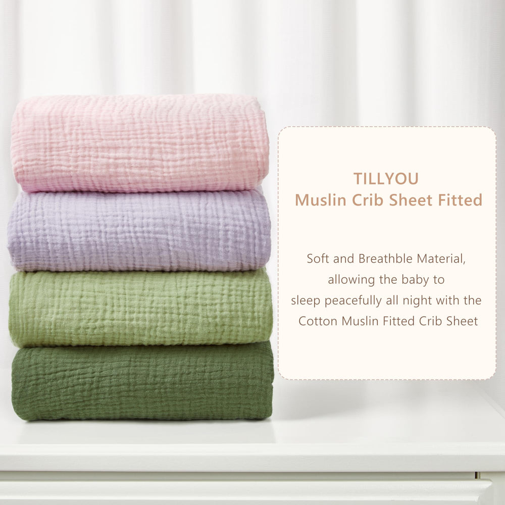 TILLYOU forest and light green sheets neatly on a crib setup