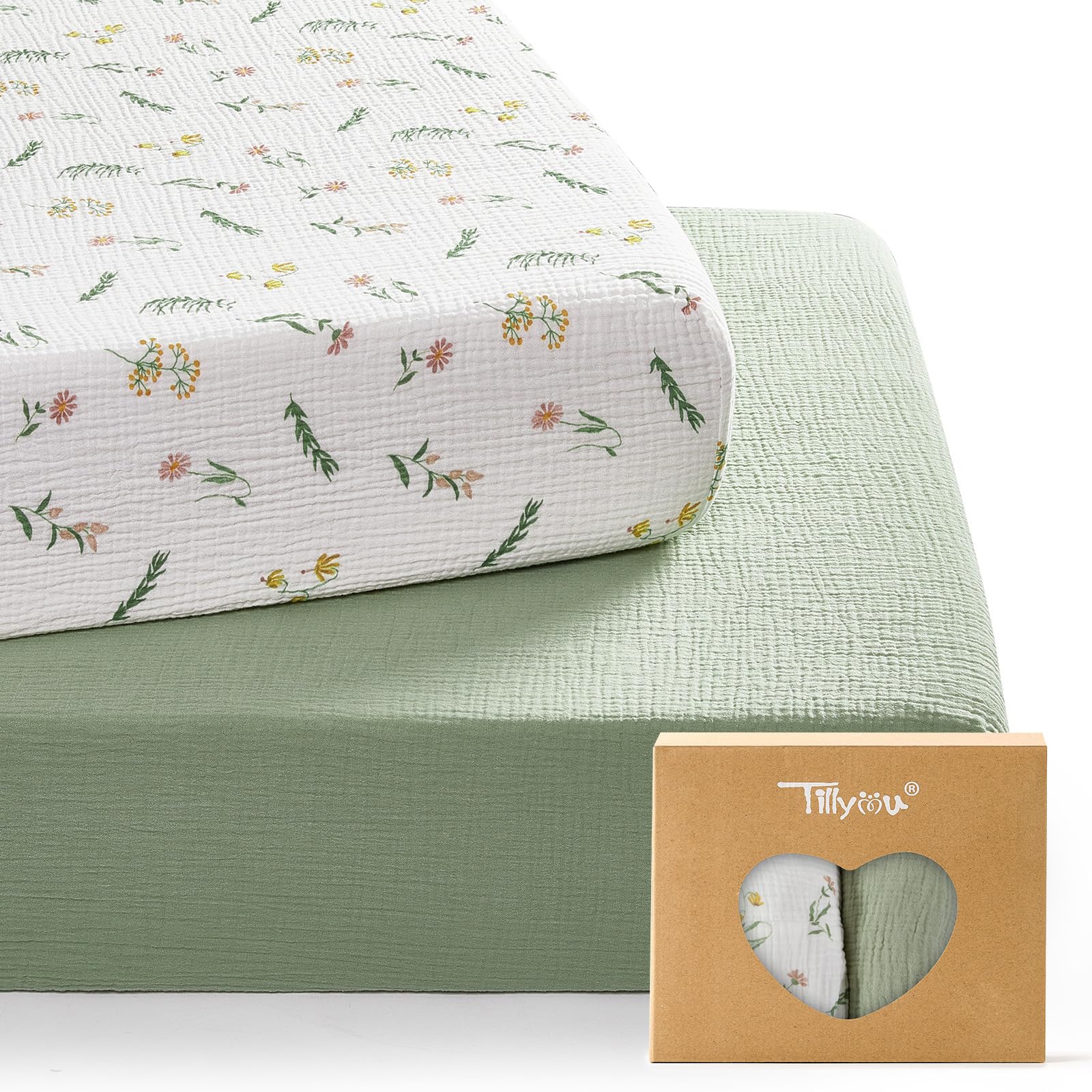 TILLYOU Daisy muslin crib sheets are soft and breathable for baby skin.