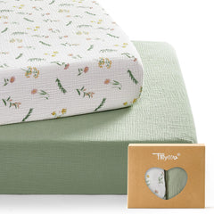 TILLYOU Daisy muslin crib sheets are soft and breathable for baby skin.
