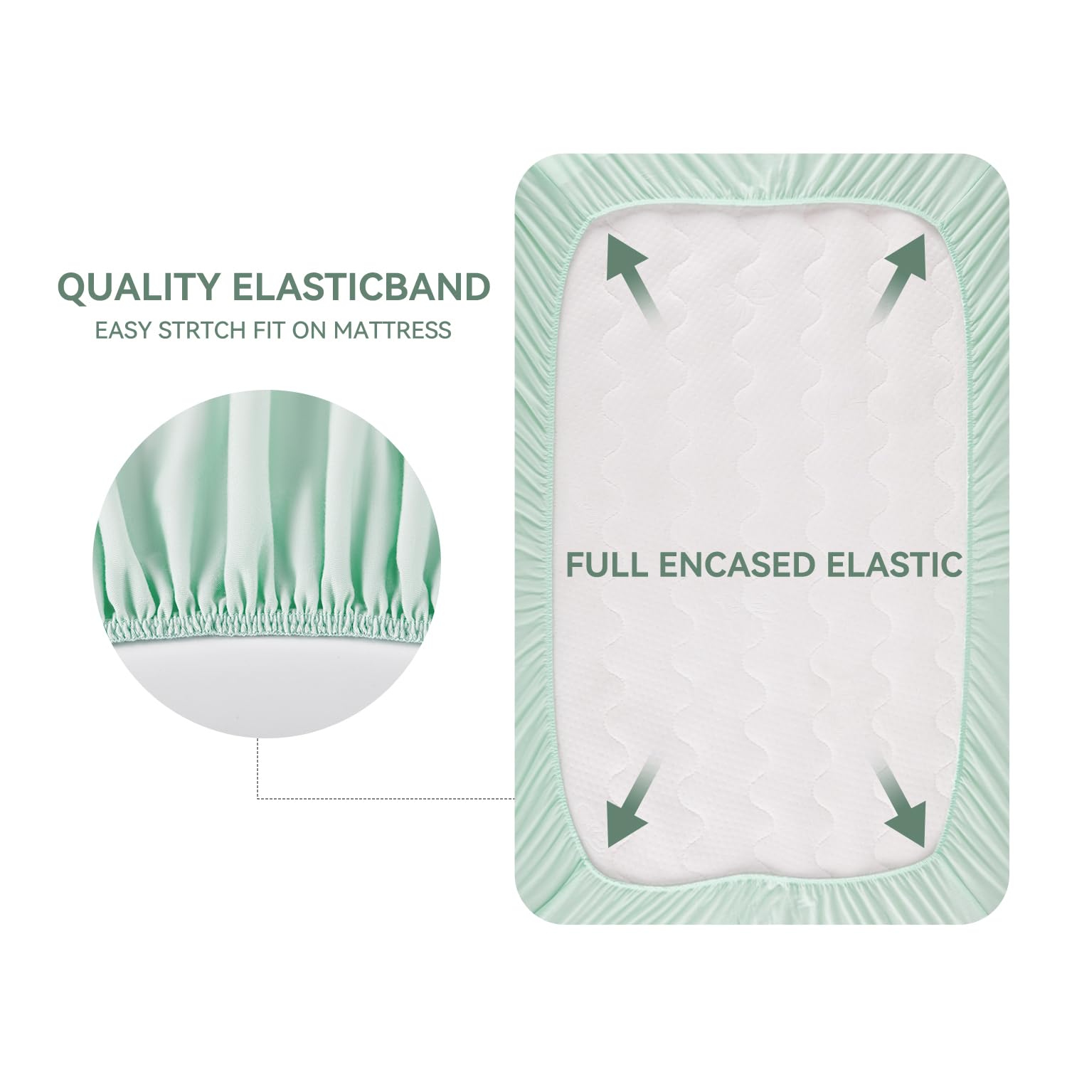 TILLYOU elastic band shows secure fit around mini crib mattress
