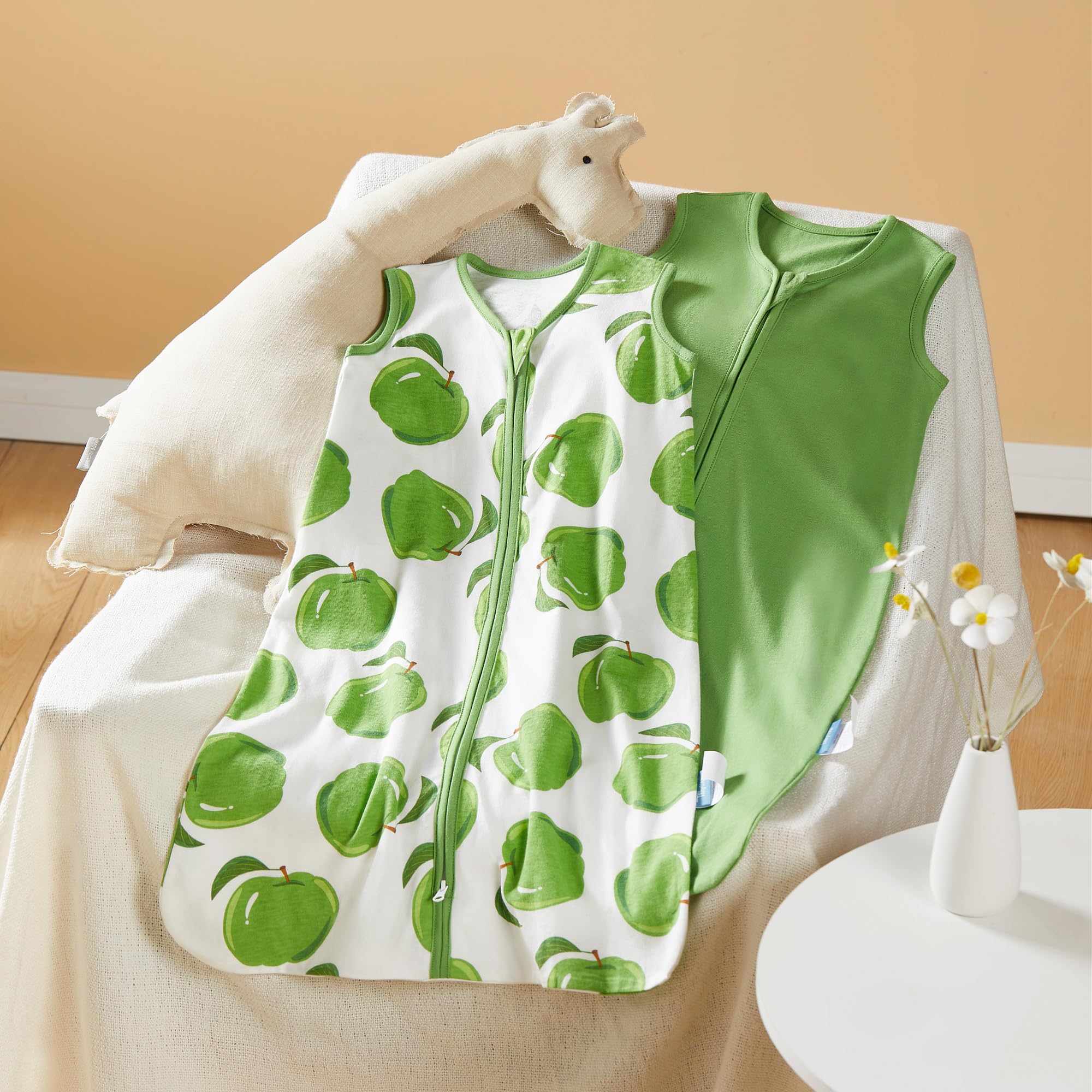TILLYOU infant sleep sack fruit-green side view, roomy design for baby movement.