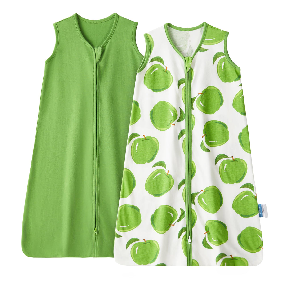 TILLYOU infant sleep sack green-apple front view, breathable cotton for warm nights.