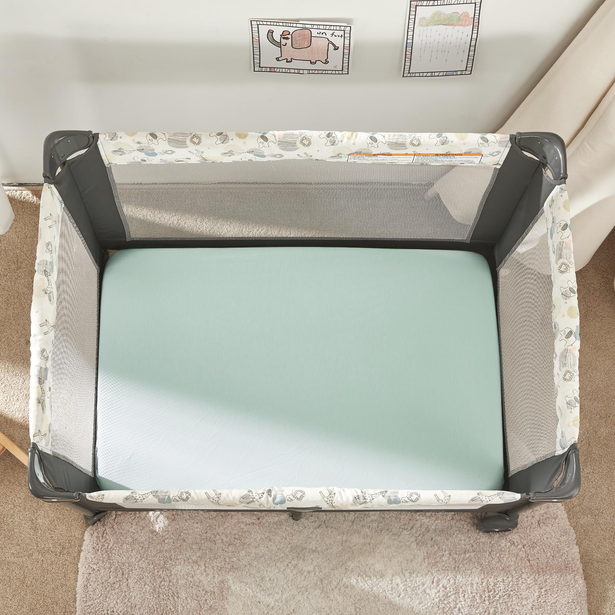 TILLYOU mini crib fitted sheet color options to match nursery style.