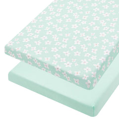 TILLYOU mini crib fitted sheet with floral pattern closeup, soft knit texture