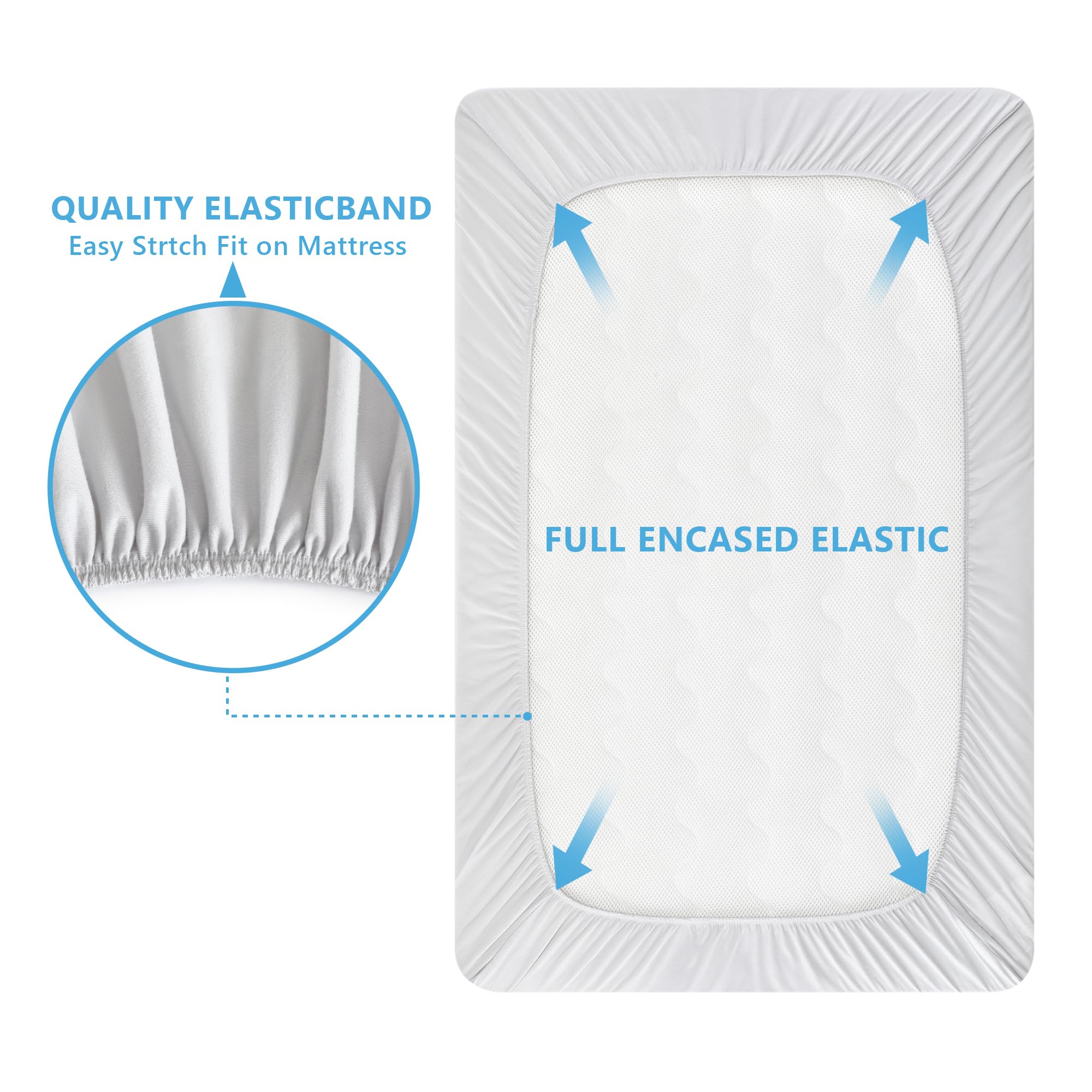 TILLYOU mini crib fitted sheet in light gray on a compact mattress with snug fit.
