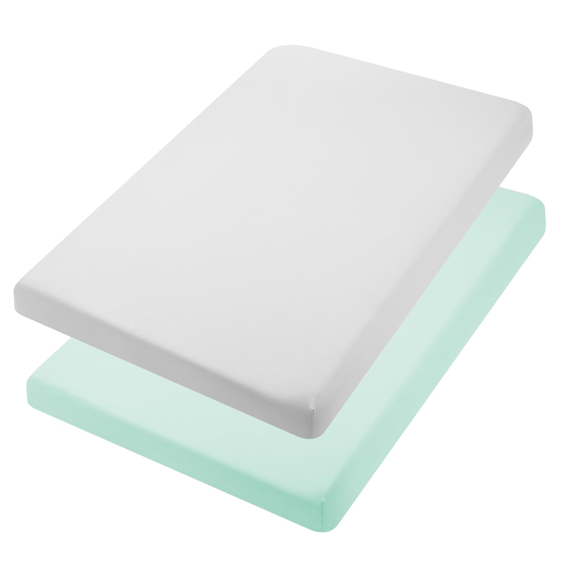 TILLYOU mini crib fitted sheet in light green wrapped snugly for a secure fit.