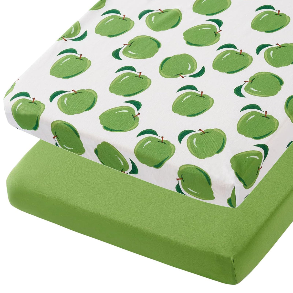 TILLYOU mini crib sheets with green apple pattern, soft and breathable for baby comfort.