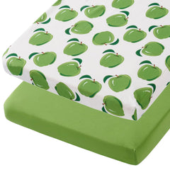 TILLYOU mini crib sheets with green apple pattern, soft and breathable for baby comfort.
