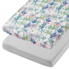 TILLYOU mini crib sheets in Rainforest Elephant pattern fit snugly to stay in place.