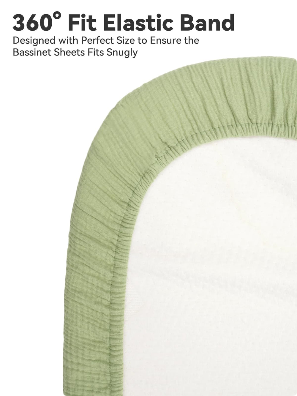 TILLYOU muslin bassinet sheet color options in grey-green and neutrals.