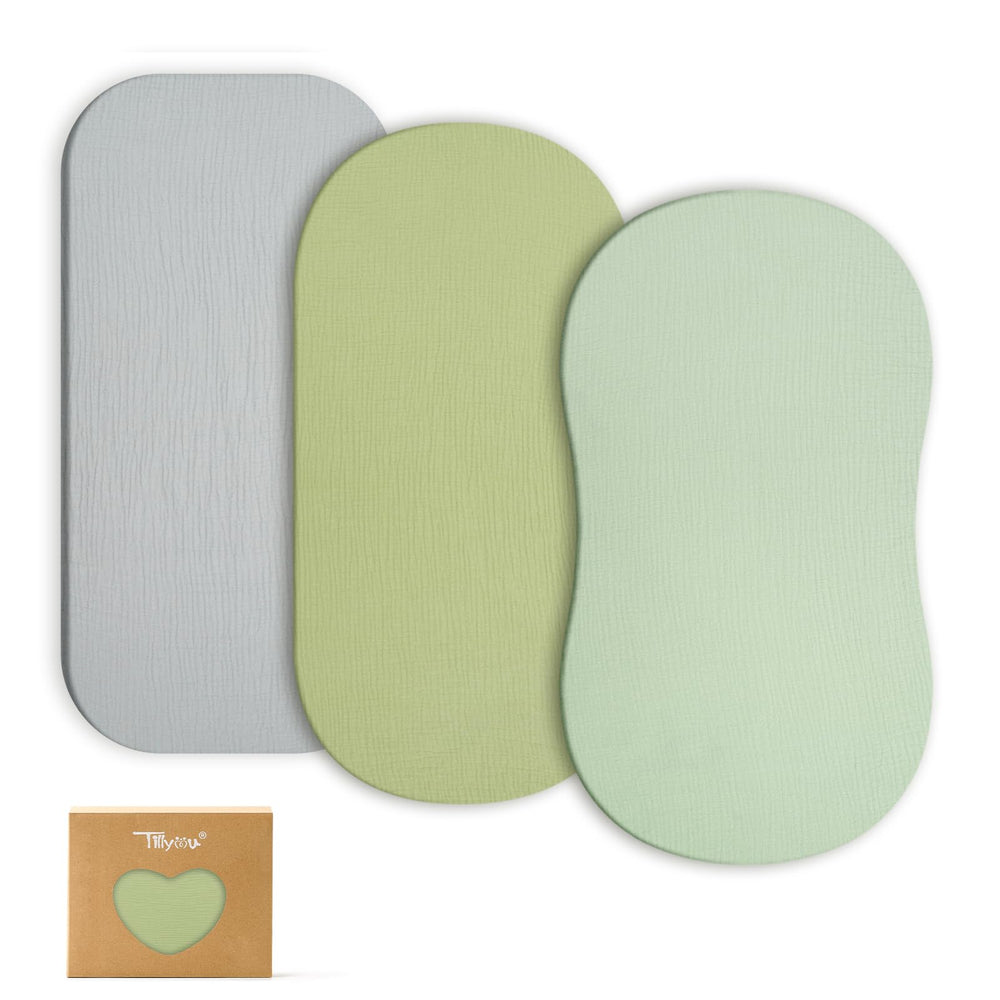 TILLYOU muslin bassinet sheet pack-3 on mattress, breathable softness for baby.