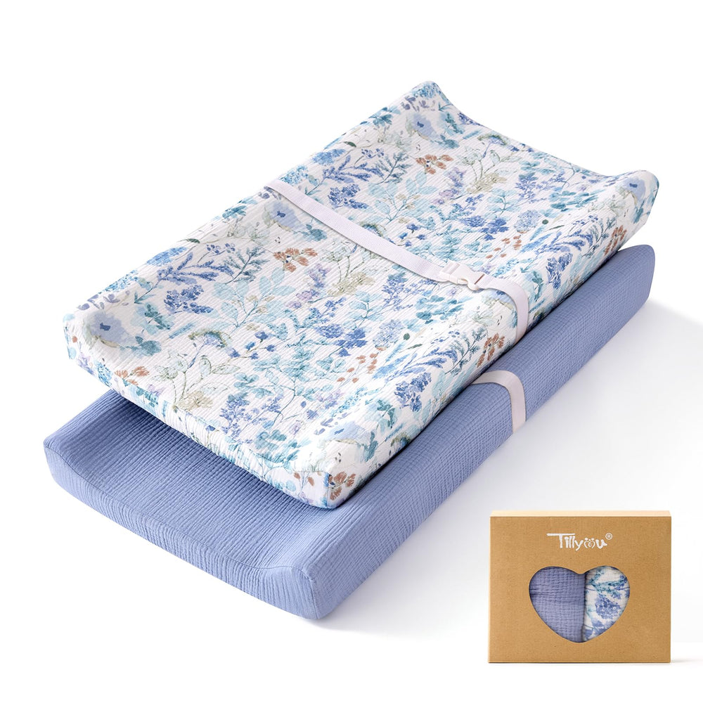 TILLYOU muslin changing pad cover with blue flower pattern for breathable, skin-friendly protection.
