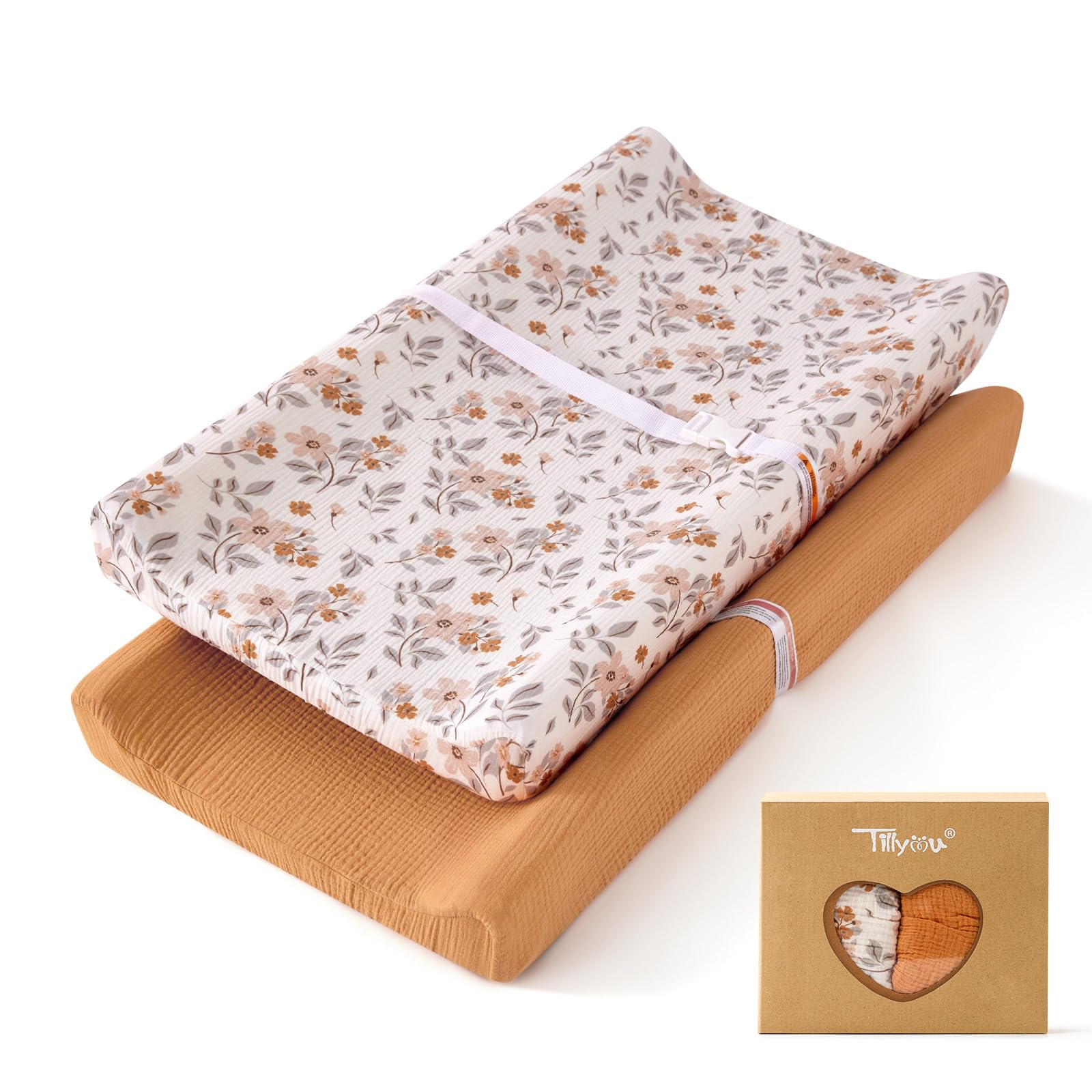 TILLYOU muslin changing pad cover with yellow flower design offering breathable comfort.