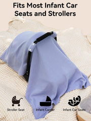 TILLYOU blue muslin cover provides full sun and insect protection for outings.