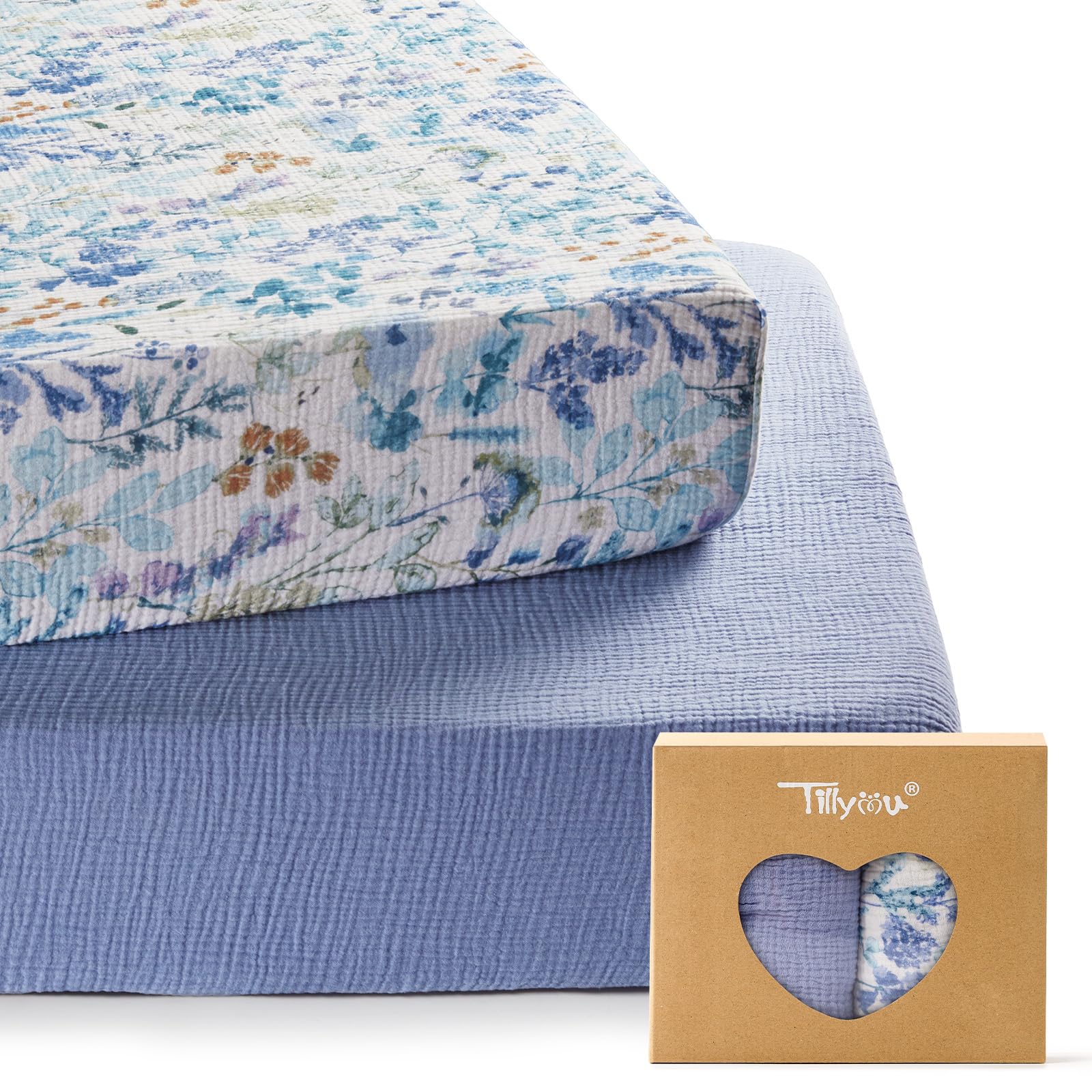 TILLYOU muslin crib sheet with blue flower pack, soft cotton for gentle sleep.