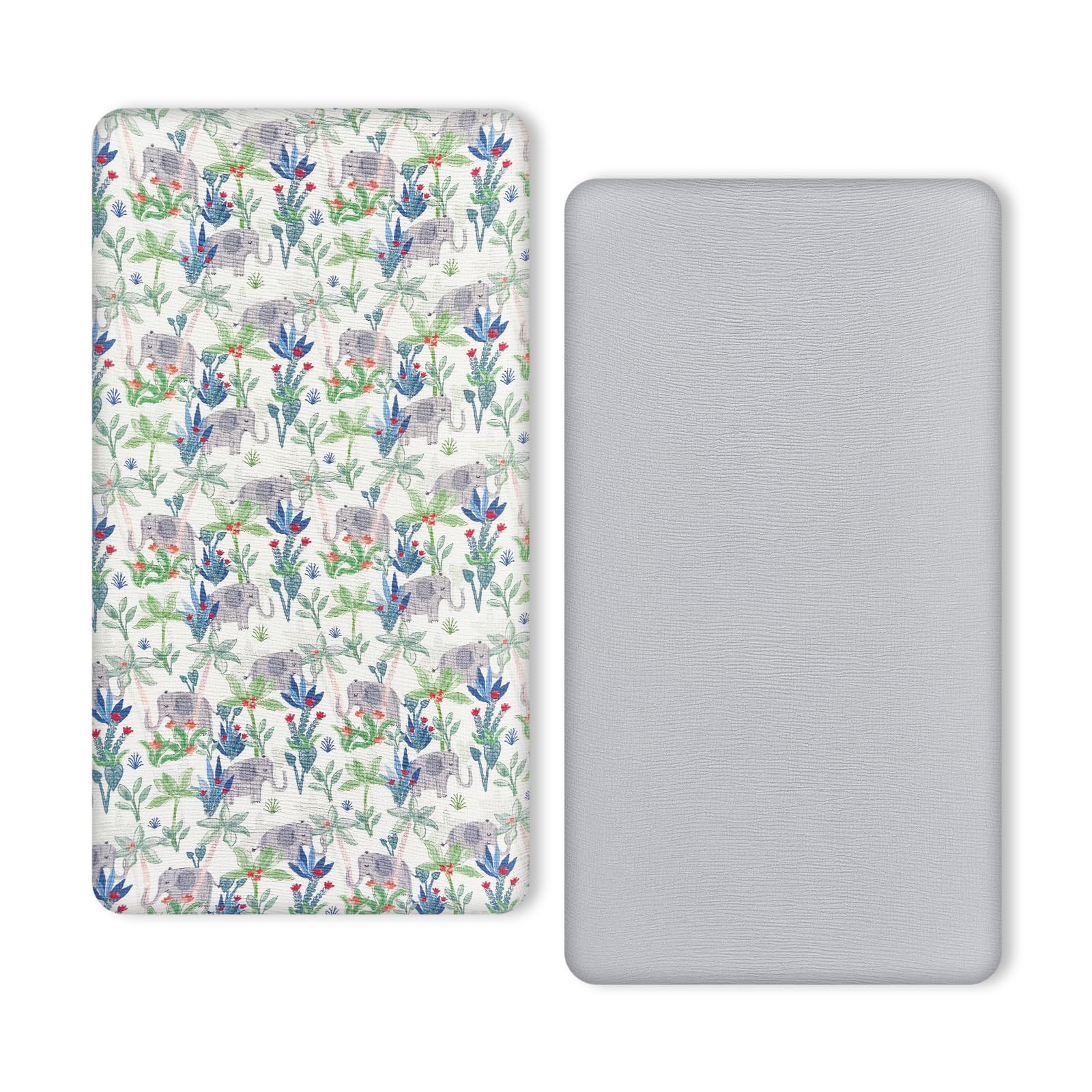 TILLYOU Rainforest Elephant crib sheet fits snugly on 52x28 mattresses.