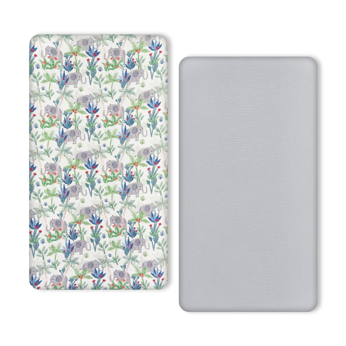 TILLYOU Rainforest Elephant crib sheet fits snugly on 52x28 mattresses.