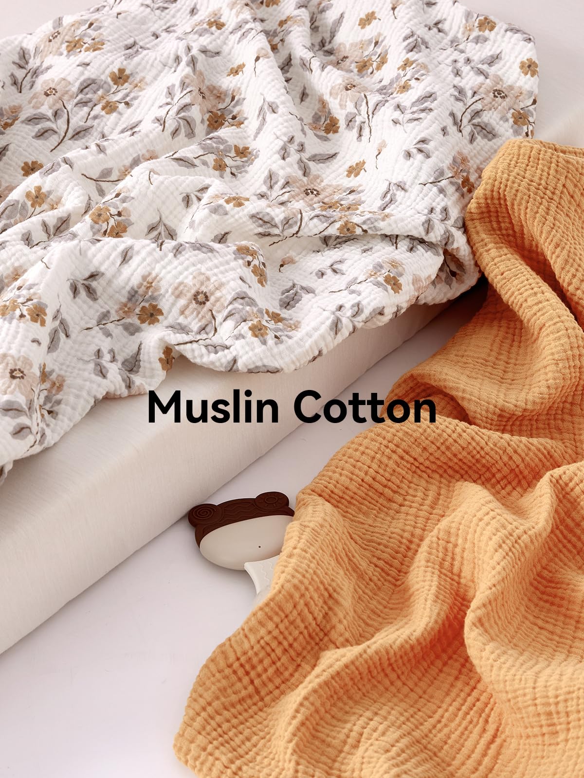 TILLYOU muslin crib sheets yellow flower closeup fabric highlights breathable cotton softness.