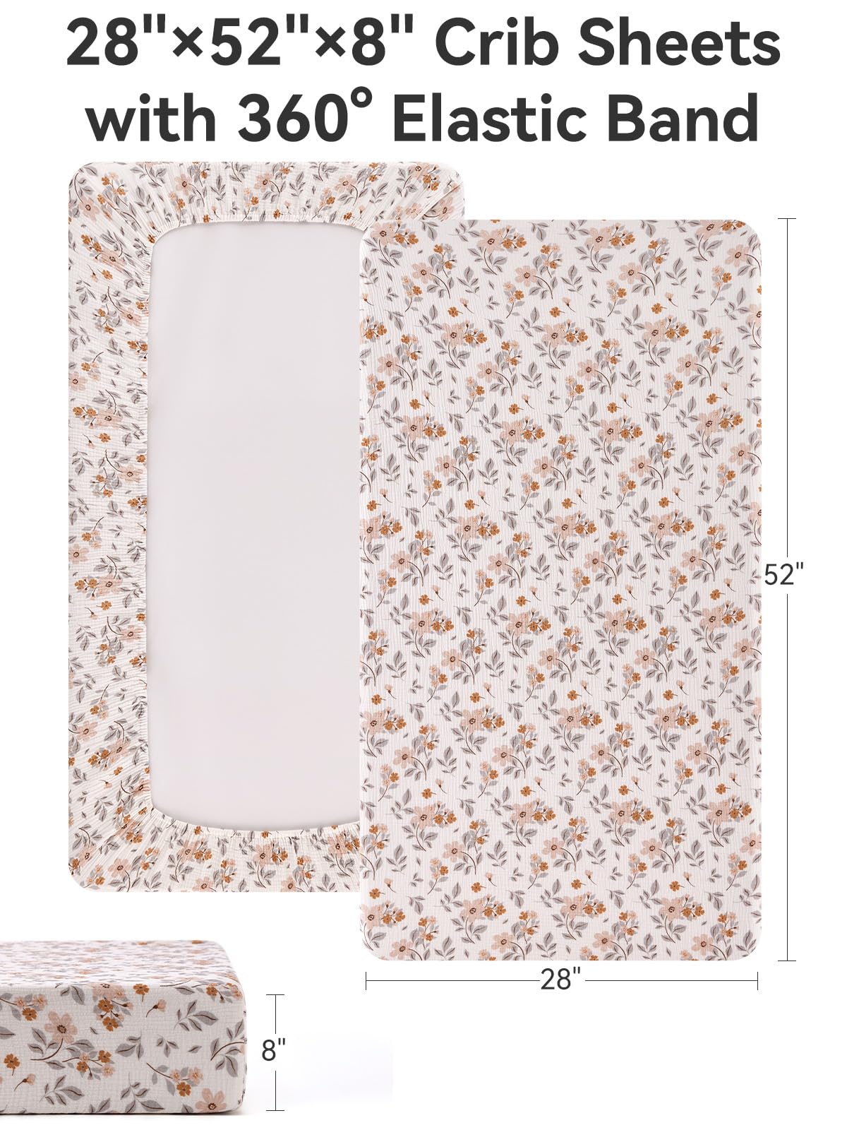 TILLYOU muslin crib sheets yellow flower packaging shows easy care and machine washable.